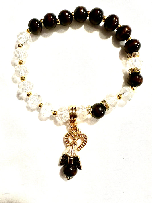 Beautiful angel and heart brown and clear beaded bracelet