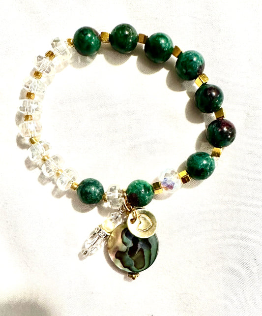Angle and heart green gold and clear bracelet